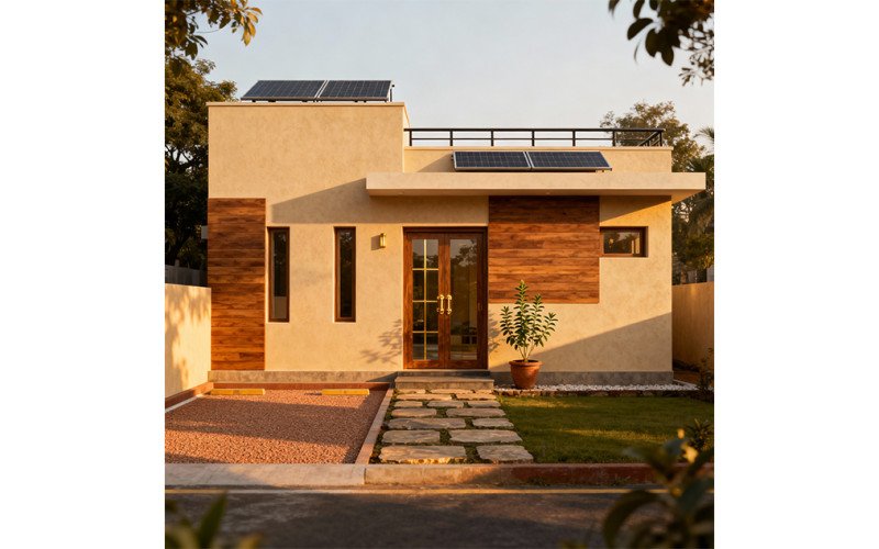 Vastu 3D Front Elevation Design: Modern 10x50 ft Indian Compact Urban Home